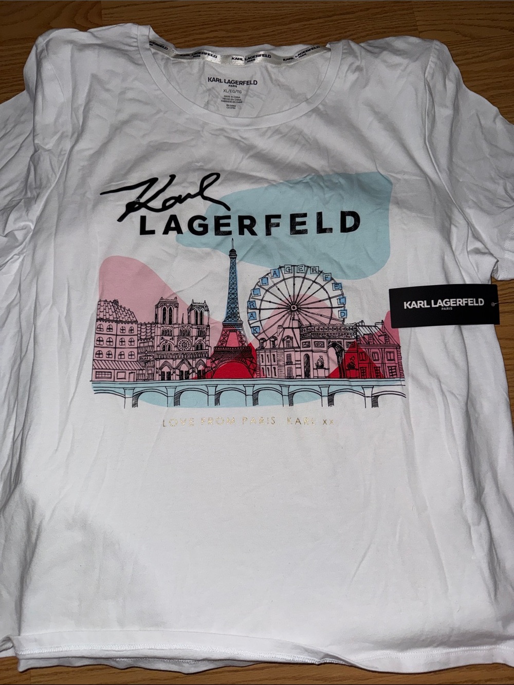 Karl Lagerfeld White Tee with Pink & Blue Paris Skyline